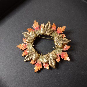 Orange And Gold Tone Round Fall Leaves Brooch